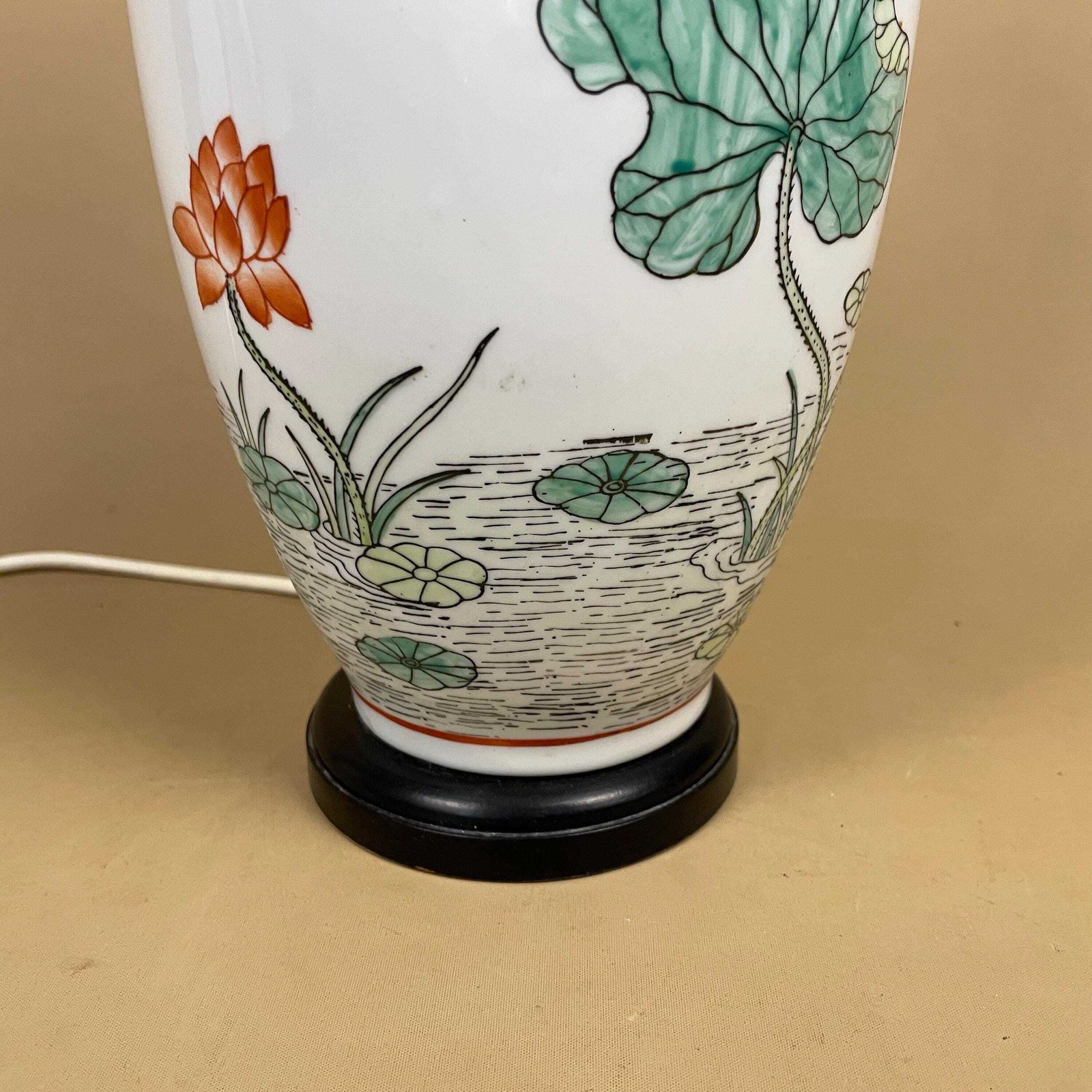 Large Oriental Ceramic Lamp Light Bedside Table Hand Painted Floral Design Pattern Wood Base Chinese Vase White Antique Brass Vintage Green photo buy