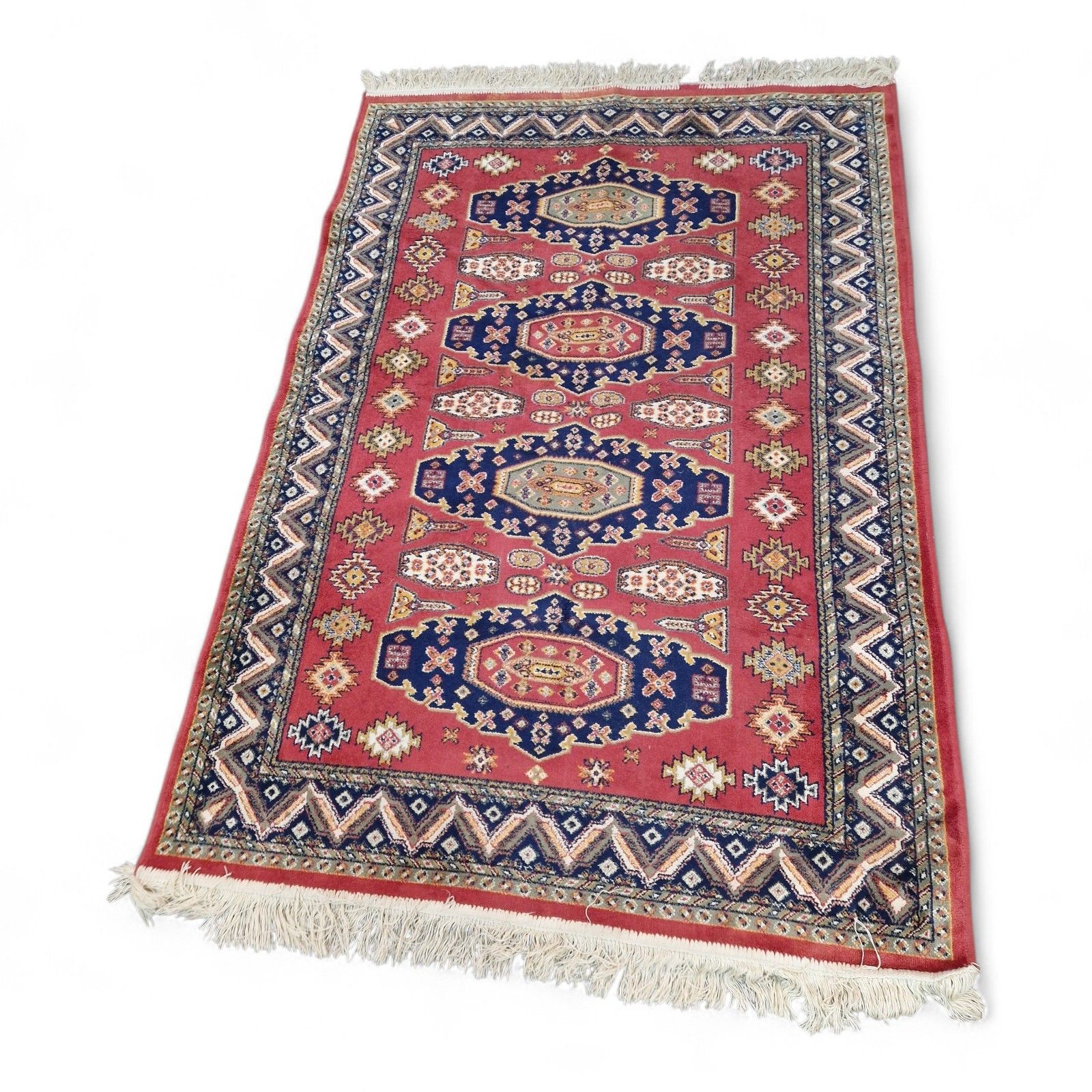 Traditional Geometric Rug Red Blue Tribal Style Fringed Wool Carpet 157cm photo Textiles