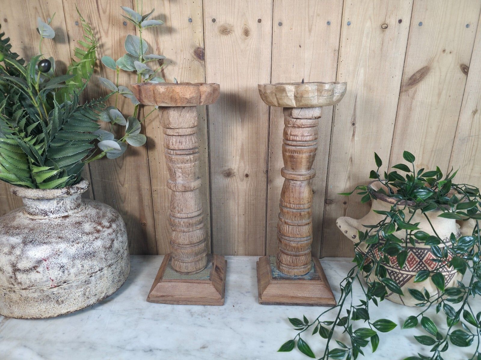 Pair Vintage Reclaimed Wabi Sabi Rustic Indian Wooden Candlestick Candle Holder