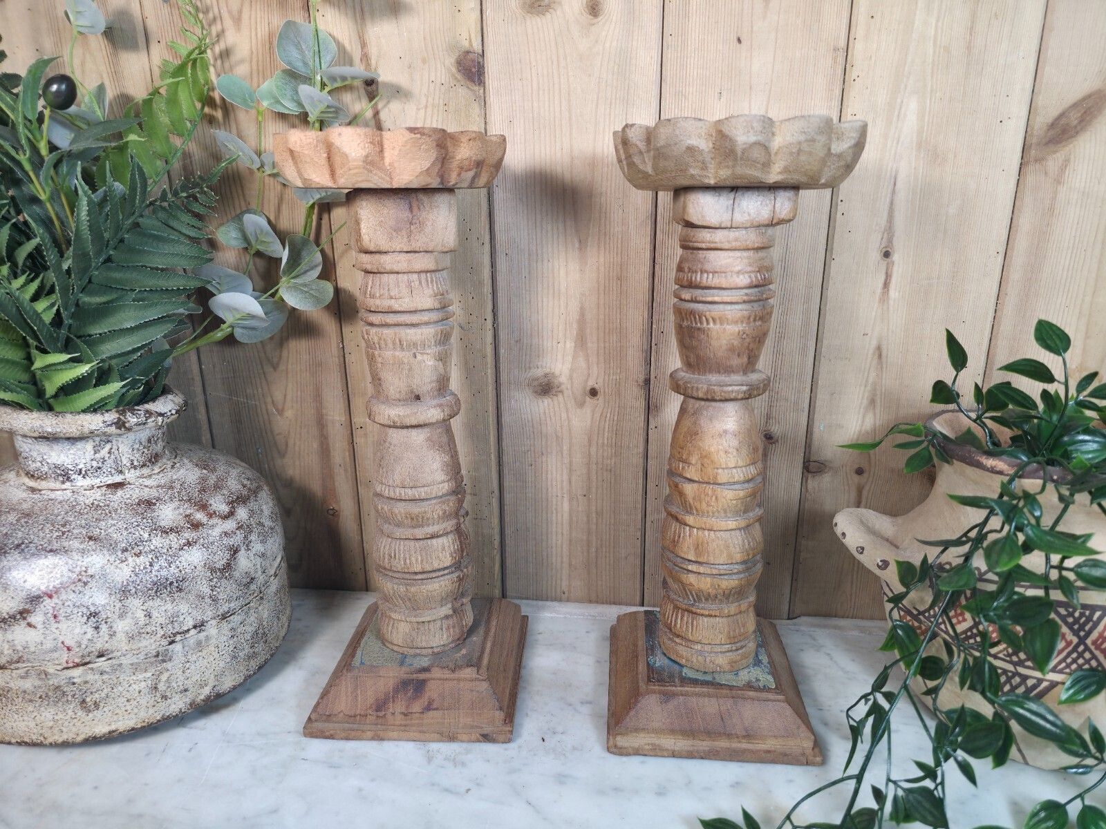 Pair Vintage Reclaimed Wabi Sabi Rustic Indian Wooden Candlestick Candle Holder photo Home Decor