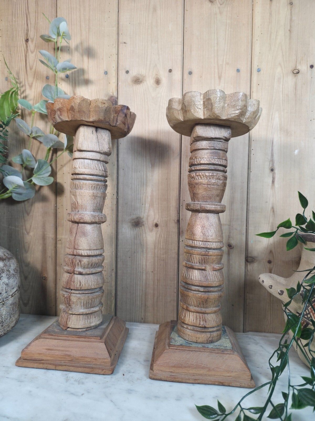Pair Vintage Reclaimed Wabi Sabi Rustic Indian Wooden Candlestick Candle Holder photo vinterior