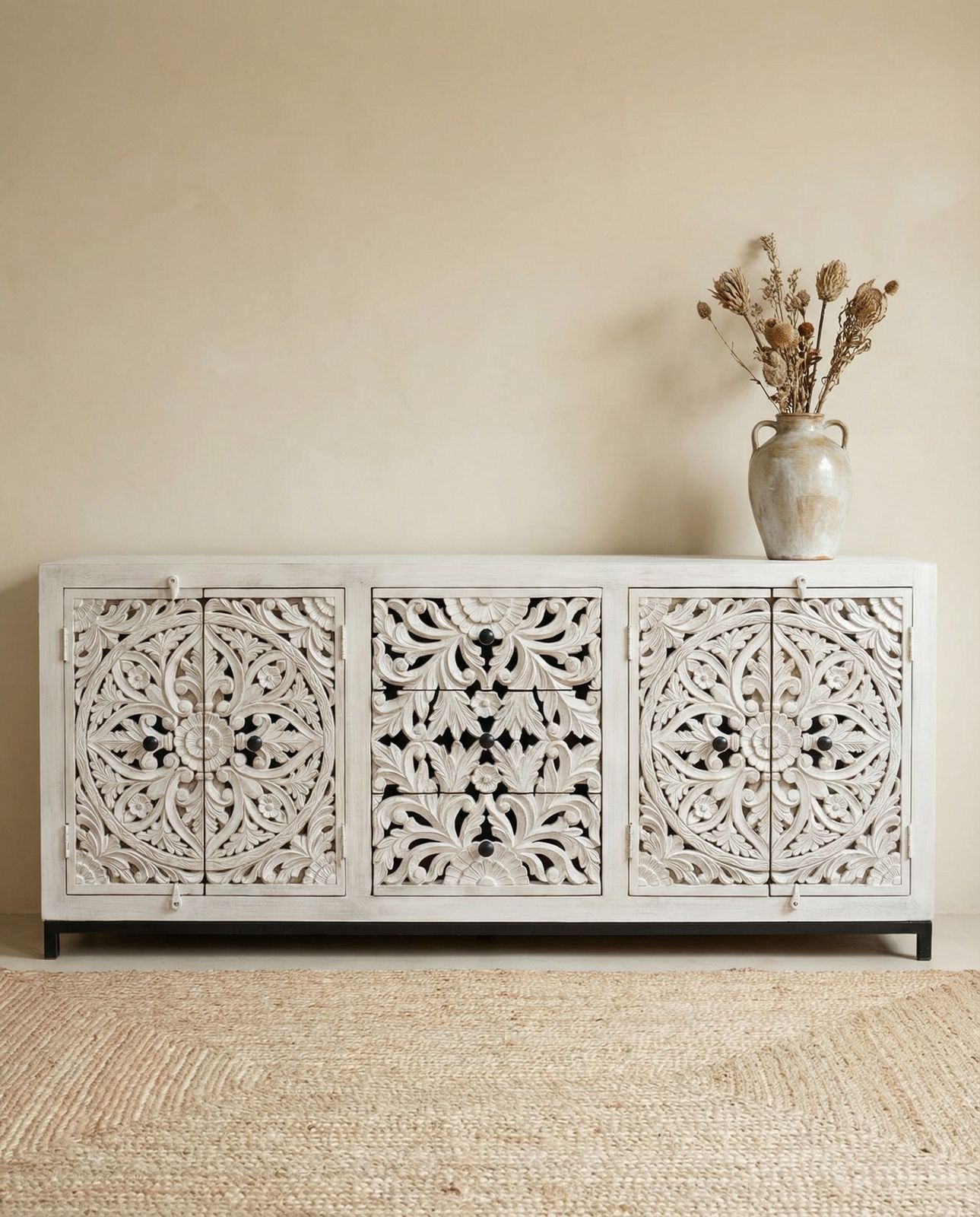 Hand Carved Mango Wood Sideboard – Whitewashed 4 Door 3 Drawer Design