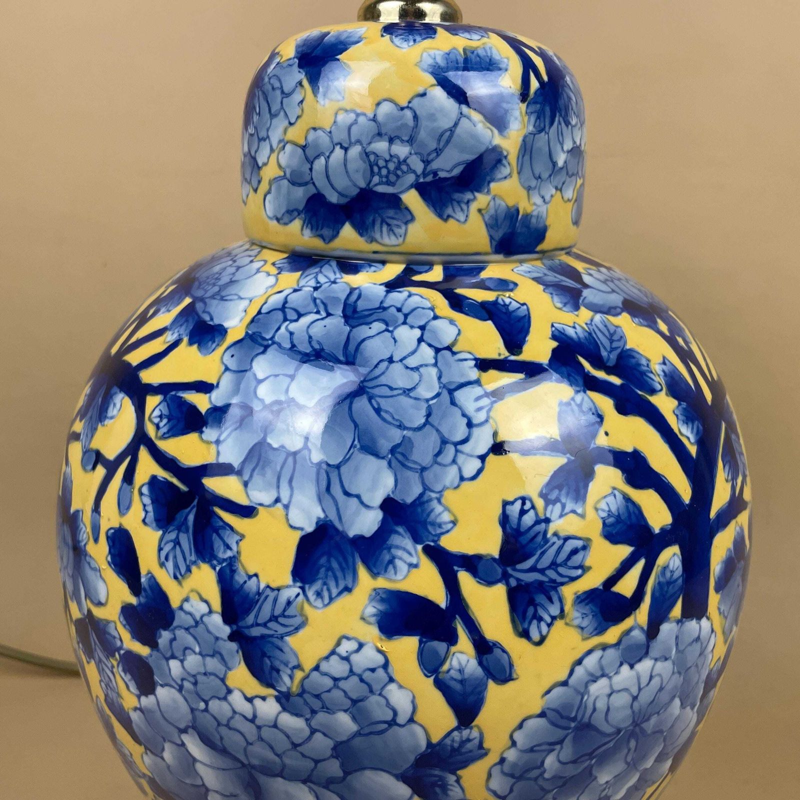 India Jane Ceramic Lamp Floral Pattern Oriental Wood Base Bedside Table Light Ginger Jar Shape Large Statement Yellow Blue Bold 2003 photo for sale