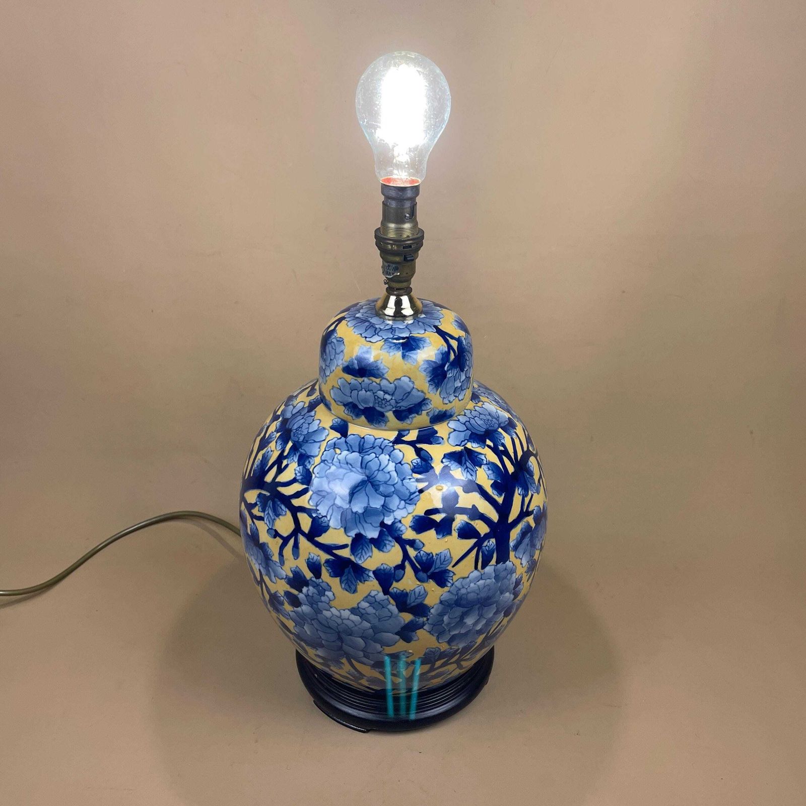 photo for sale India Jane Ceramic Lamp Floral Pattern Oriental Wood Base Bedside Table Light Ginger Jar Shape Large Statement Yellow Blue Bold 2003