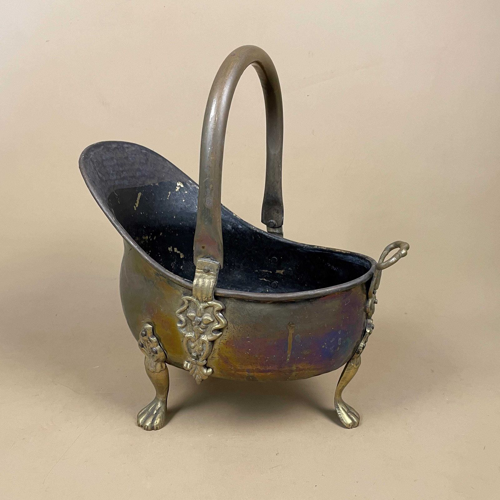 Antique Metal Gold Brass Coal Bucket Handle Fireside Fire Side Scuttle Log Helmet Farmhouse 3 Feet Vintage Fireplace Logs Ornate photo for sale