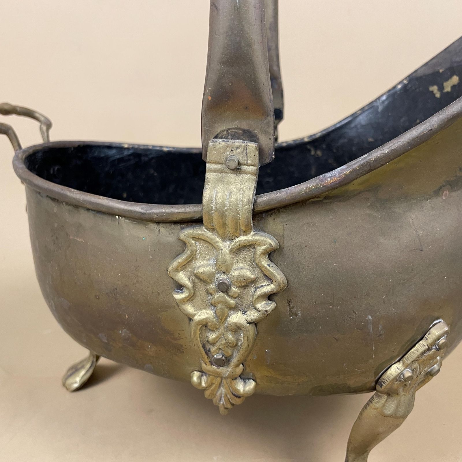 Antique Metal Gold Brass Coal Bucket Handle Fireside Fire Side Scuttle Log Helmet Farmhouse 3 Feet Vintage Fireplace Logs Ornate photo buy
