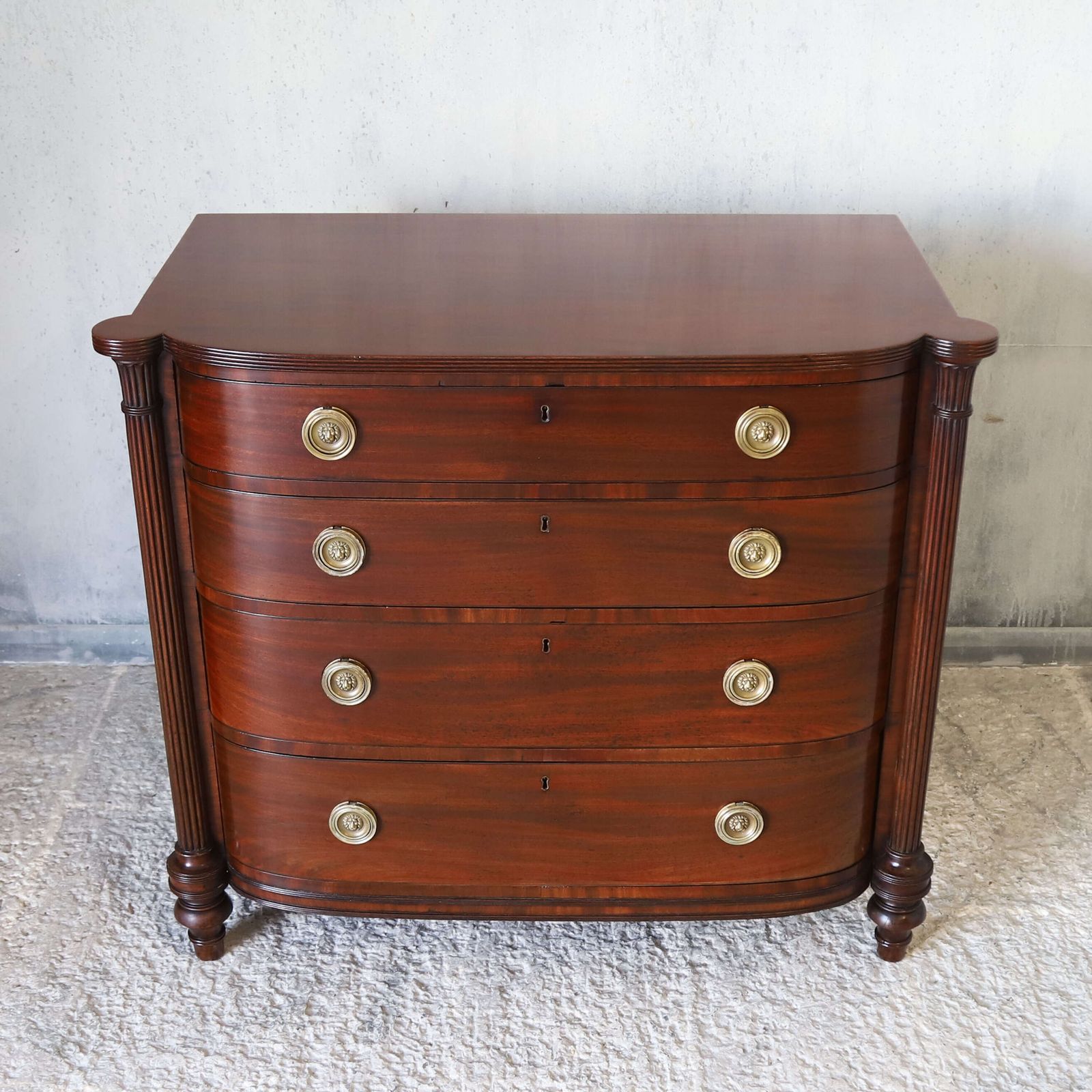 Scottish Regency Bow Front Chest Of 4 Graduated Drawers In Flame Mahogany Circa1830 photo for sale