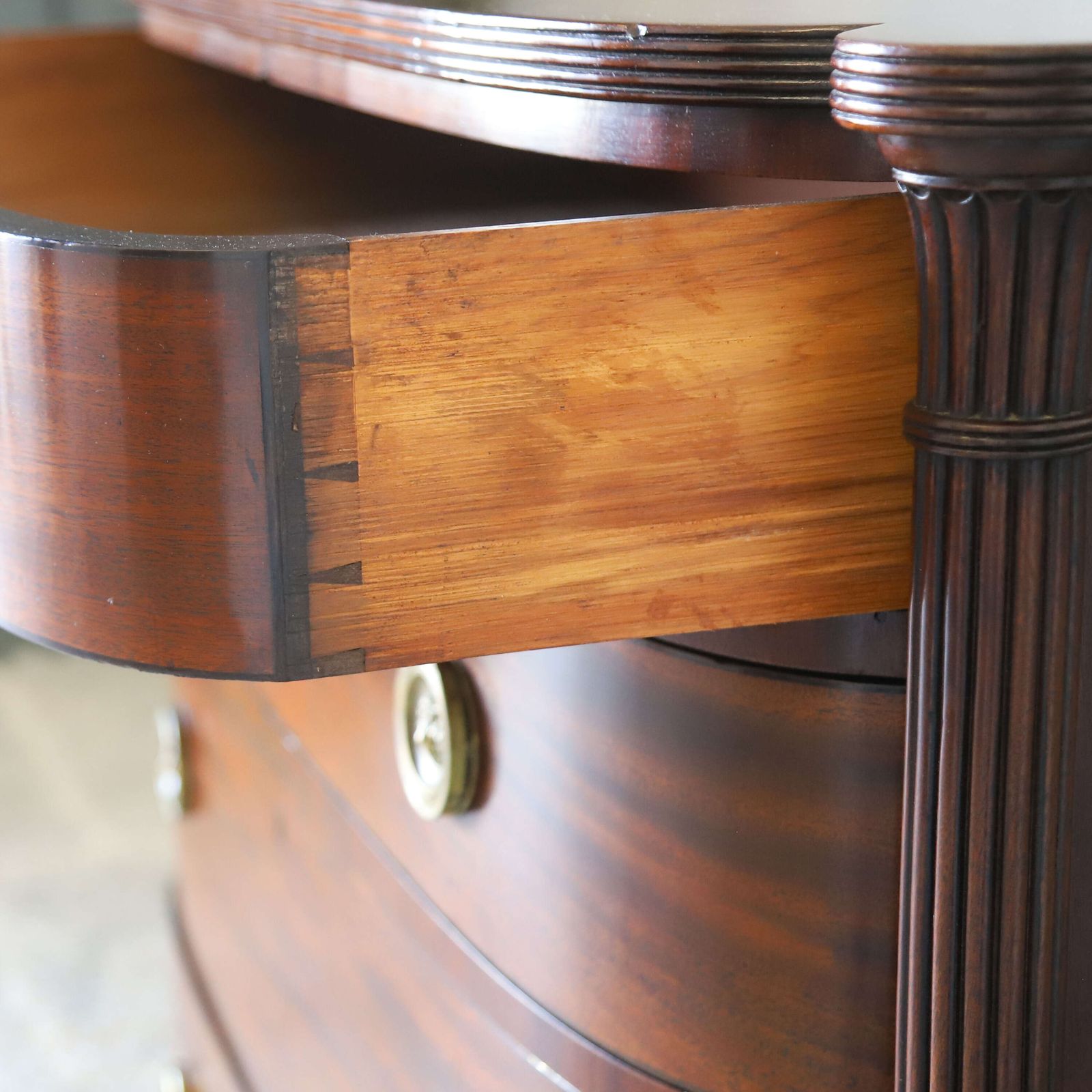 photo buy Scottish Regency Bow Front Chest Of 4 Graduated Drawers In Flame Mahogany Circa1830