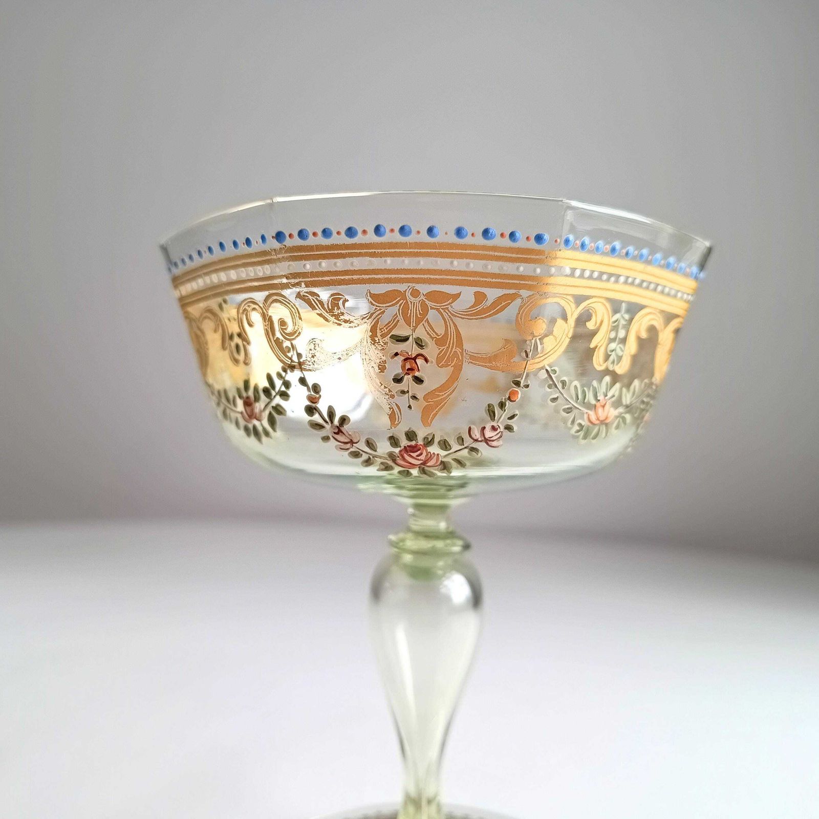 95.0 Antique Moser Octagonal Champagne Coupe Glass: Gold Enamels, Rose Garlands, Art Nouveau Goblet photo