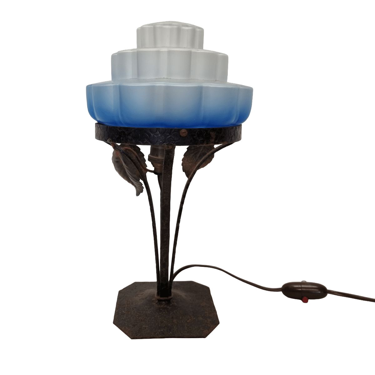 Lampe Art déco française à abat-jour bleu, années 1920/1930