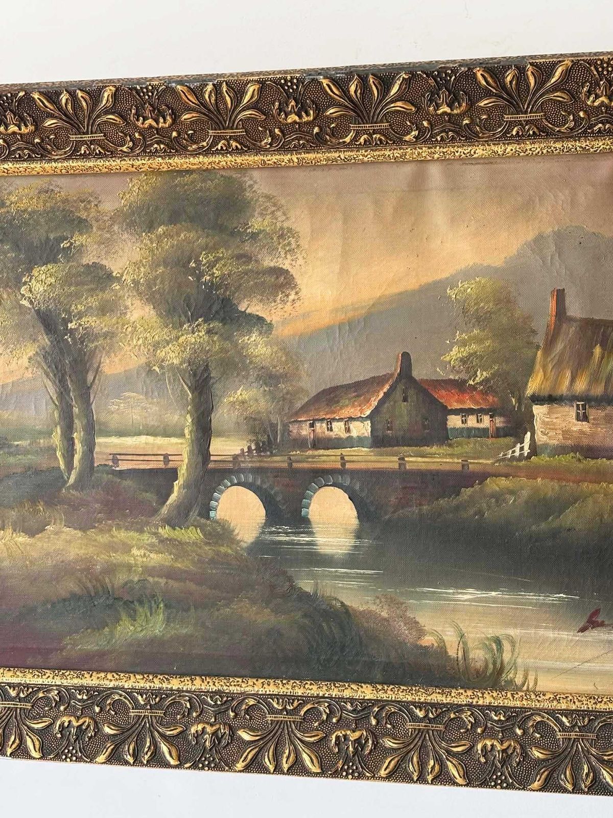Oil Painting Countryside Landscape, Vintage Framed Cottage & Bridge Wall Art photo vinterior