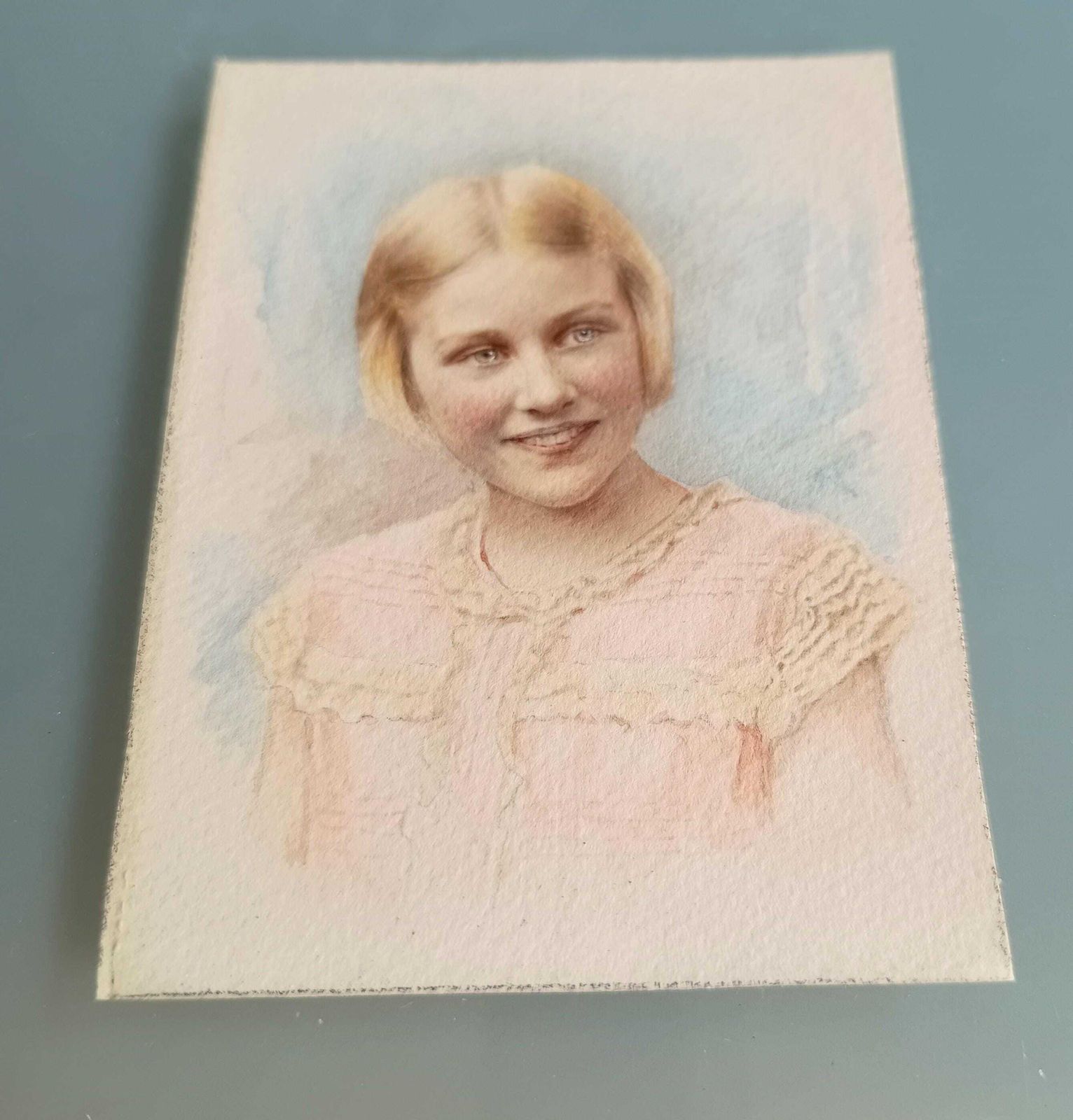 Antique Hand Finished Pastel Miniature Portrait: Blond Girl, Turquoise Gilt Tabletop Frame photo for sale