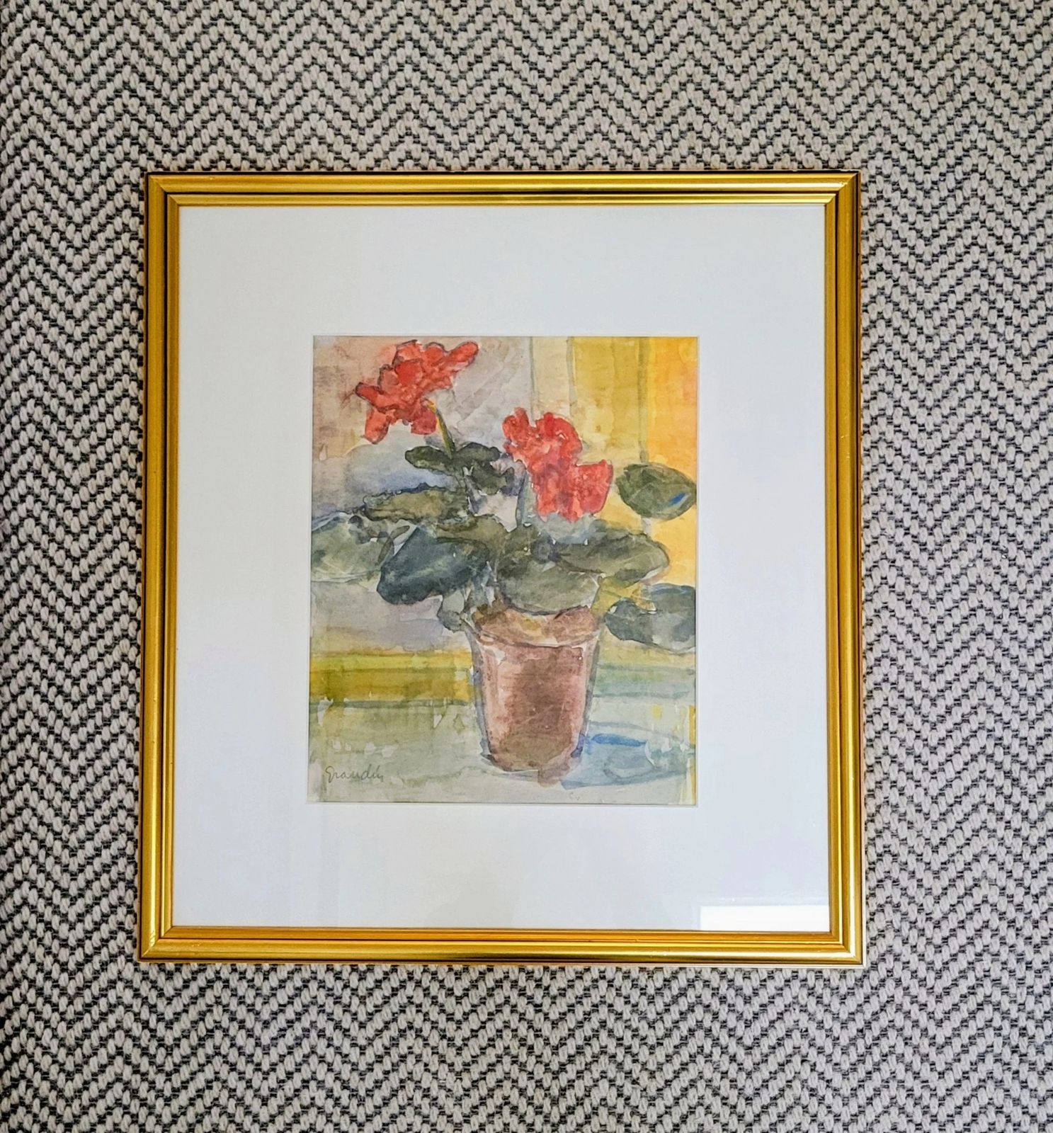 Art Geranium Watercolour Vintage Mid Century Framed Painting By Svan Grandin photo