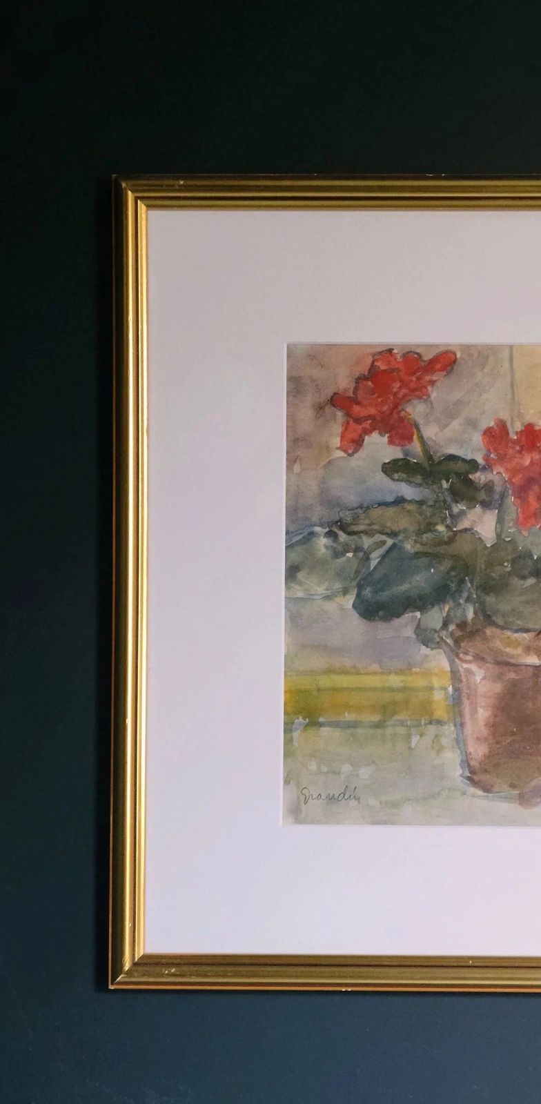 235.0 Geranium Watercolour Vintage Mid Century Framed Painting By Svan Grandin photo