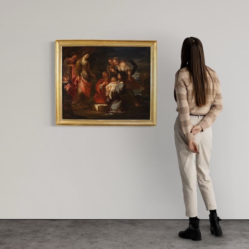 Antique Italian Painting Moses Saved From The Waters From The 17th Century photo for sale
