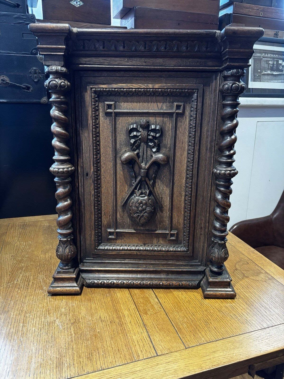 Victorian Tobacconist Carved Oak Pipe Cabinet With Pipe Collection photo furniture