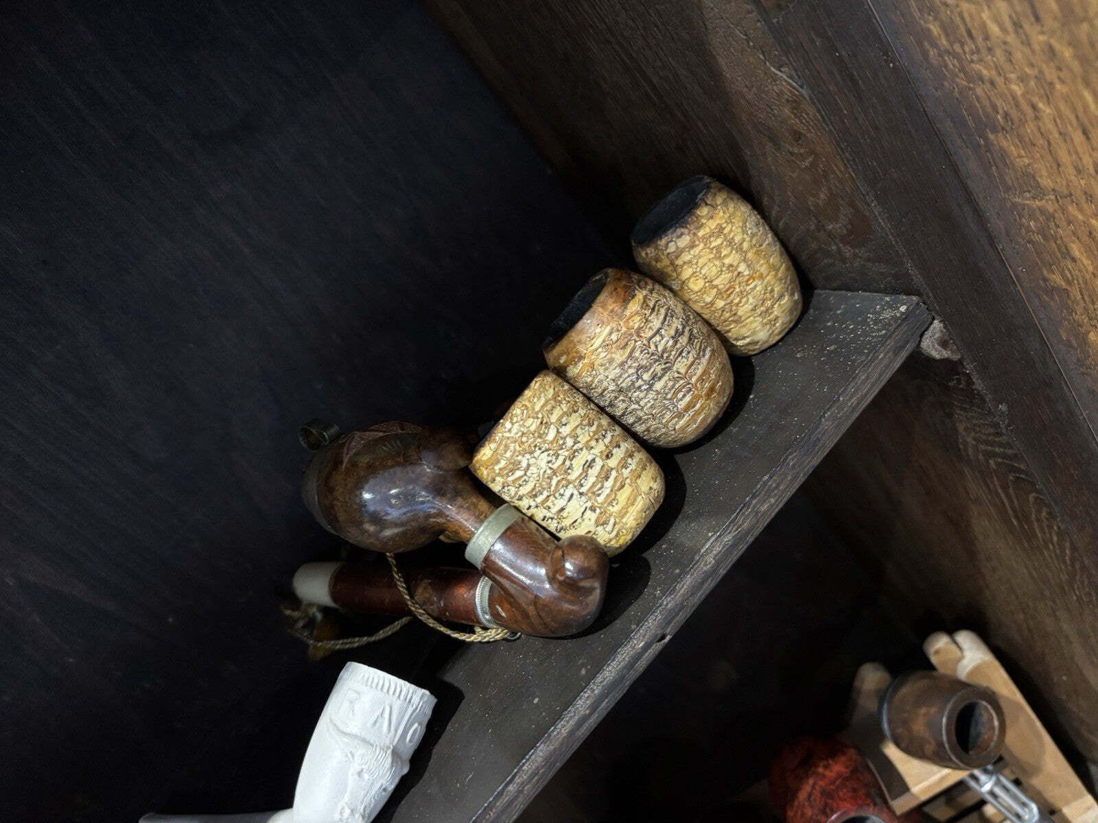 photo for sale Victorian Tobacconist Carved Oak Pipe Cabinet With Pipe Collection
