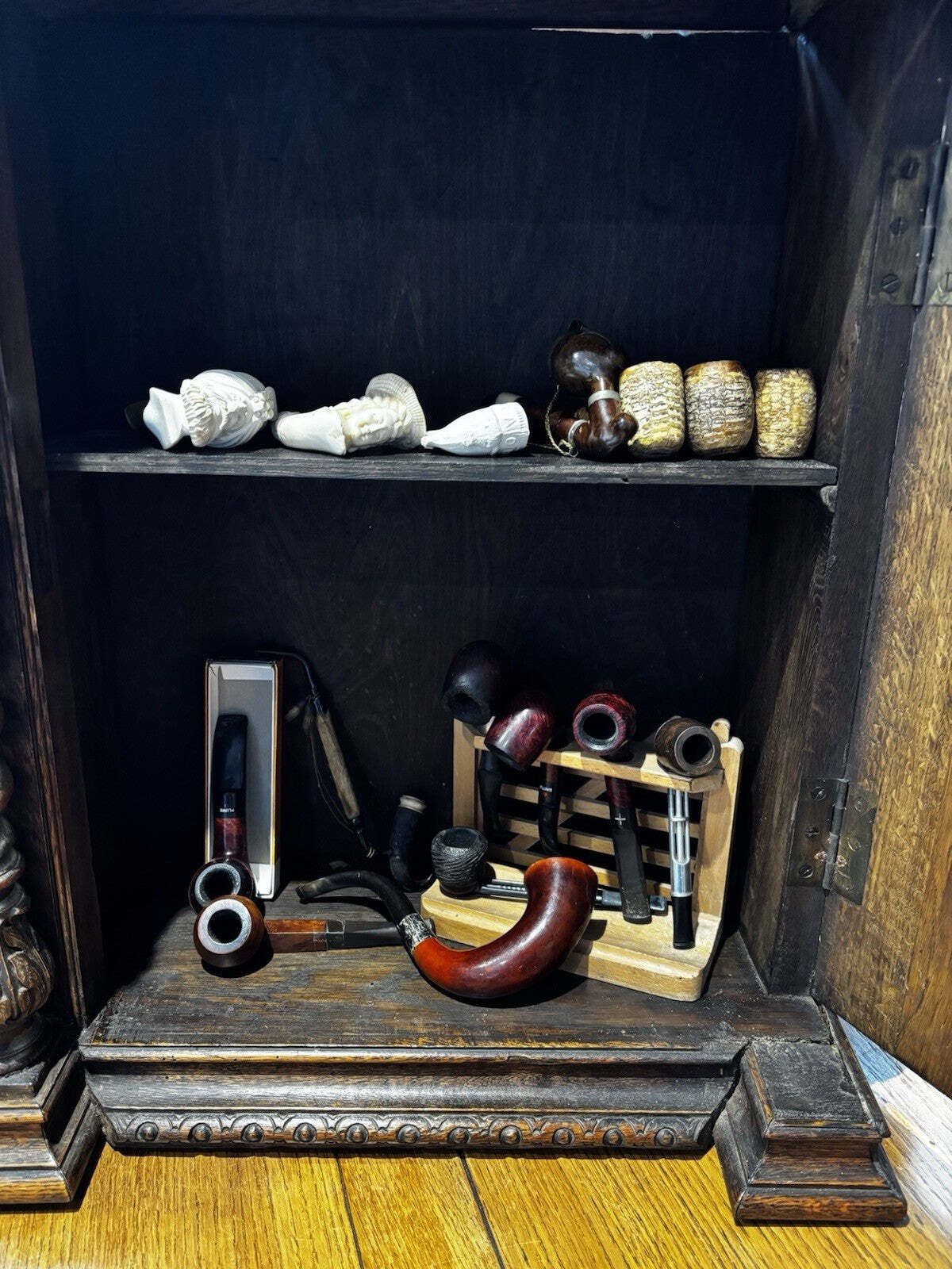 740.0 Victorian Tobacconist Carved Oak Pipe Cabinet With Pipe Collection photo