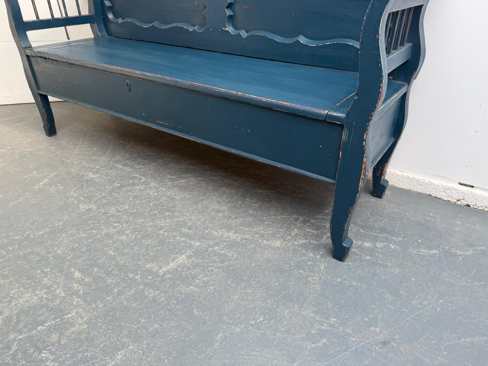 An Early Georgian Original Hungarian Painted Blue Pine 3 Seater Bench photo for sale