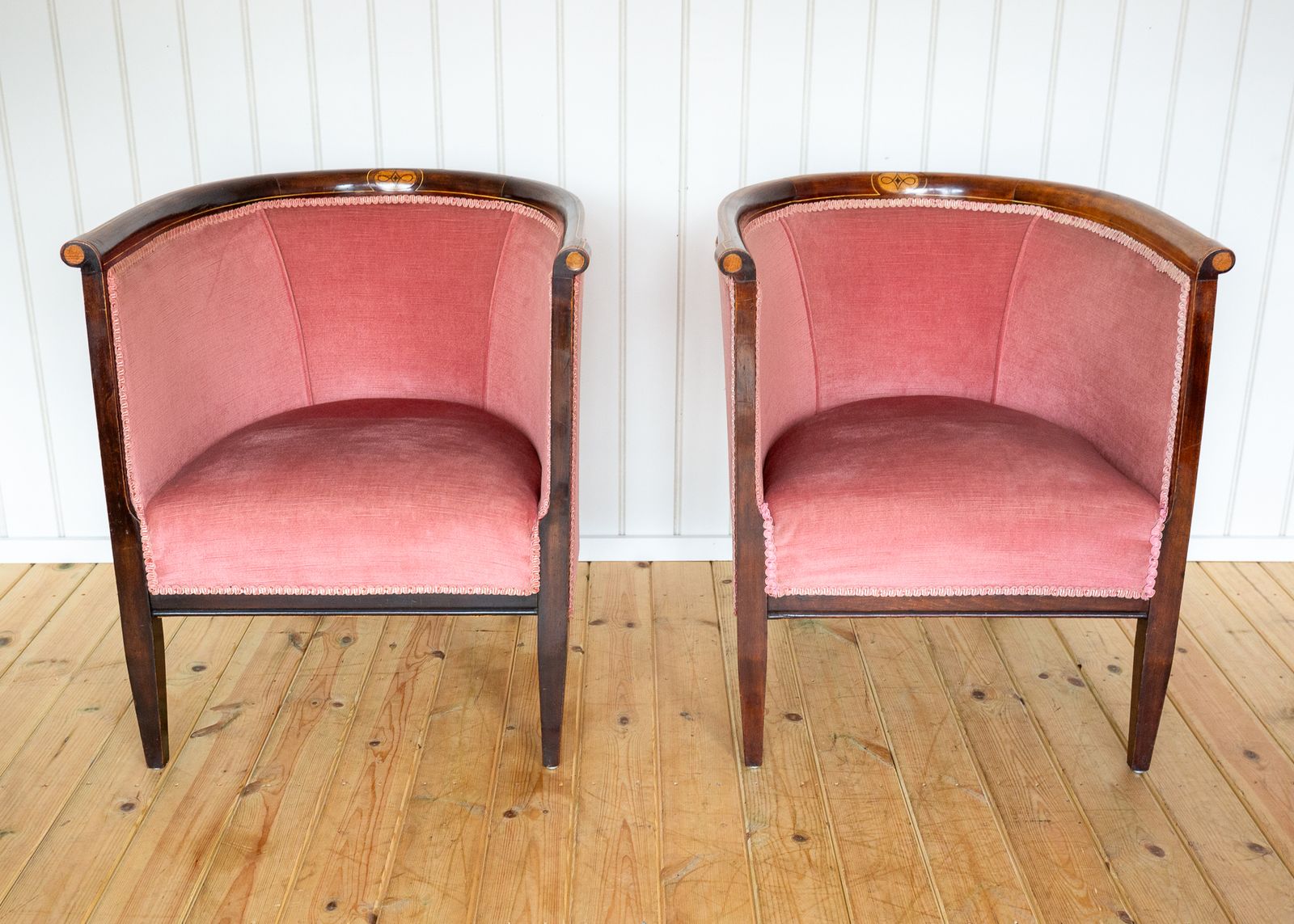 Pair Of Edwardian Mahogany Armchairs Barrel Back Pink Tub Antiqu.E Art Nouvea.U 1910 photo for sale