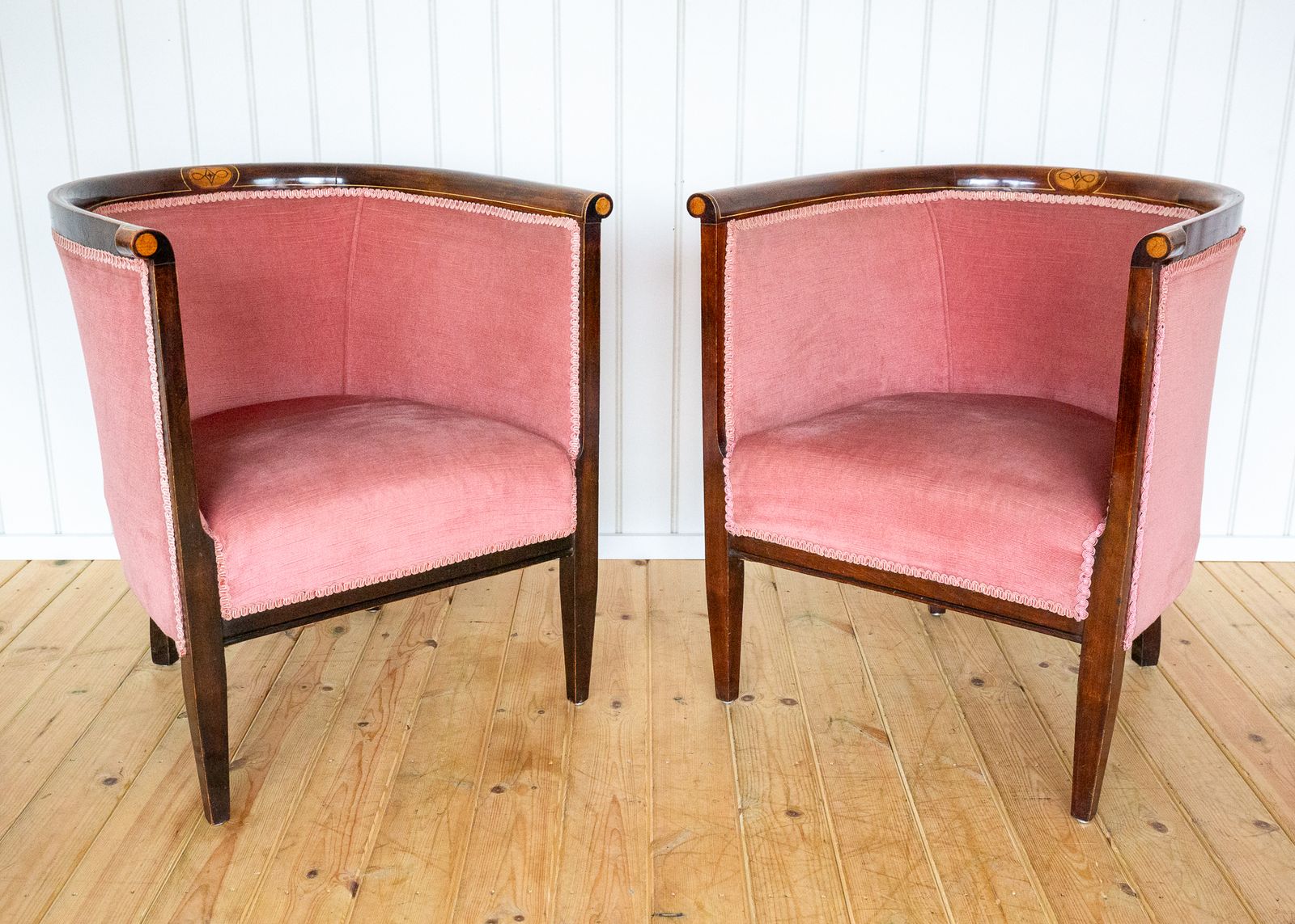 Pair Of Edwardian Mahogany Armchairs Barrel Back Pink Tub Antiqu.E Art Nouvea.U 1910