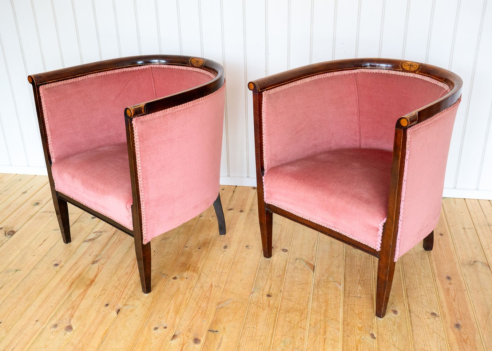Pair Of Edwardian Mahogany Armchairs Barrel Back Pink Tub Antiqu.E Art Nouvea.U 1910 photo vintage