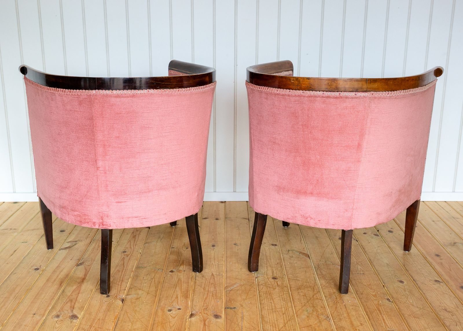 photo buy Pair Of Edwardian Mahogany Armchairs Barrel Back Pink Tub Antiqu.E Art Nouvea.U 1910
