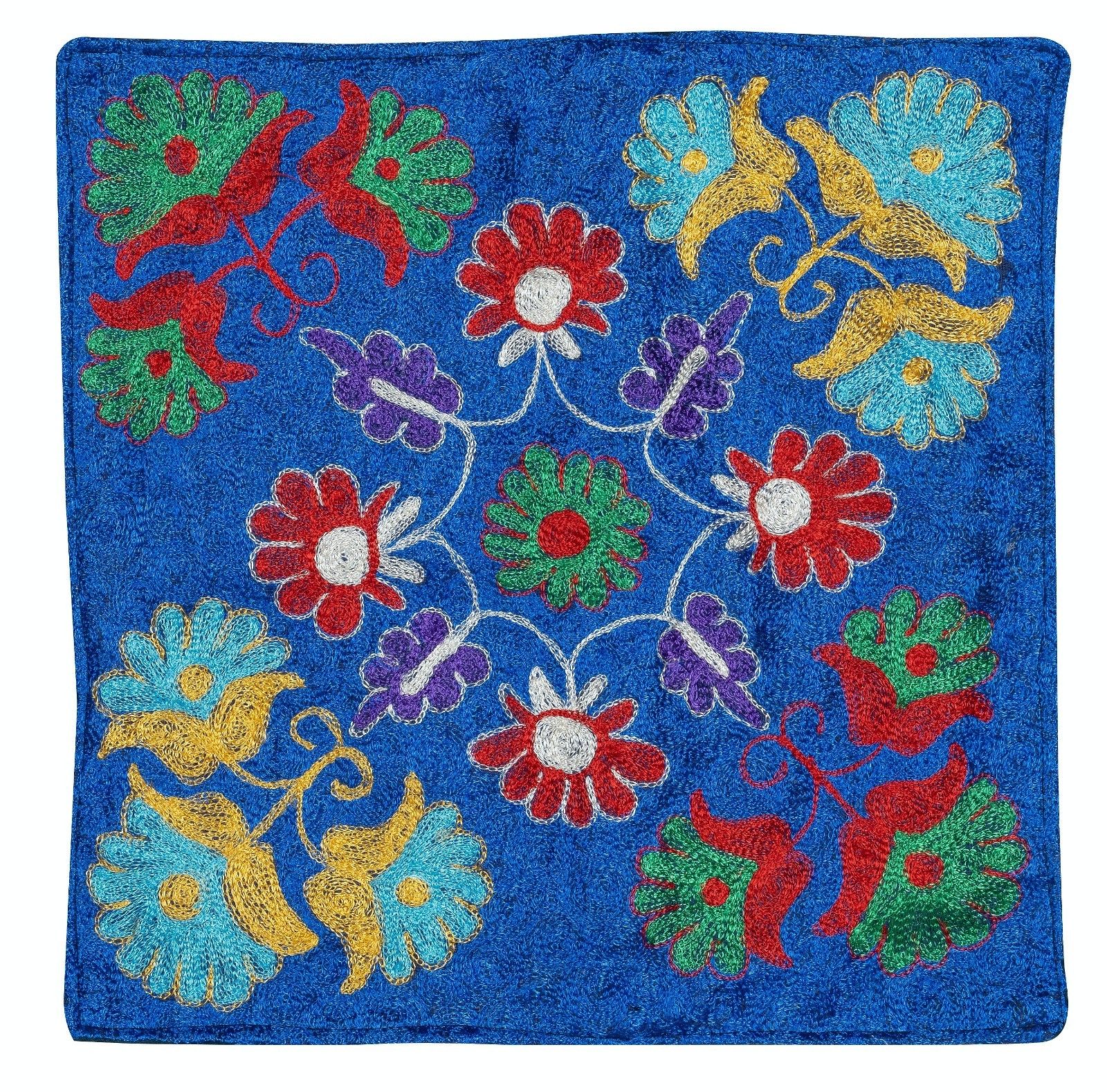 16"X16" Silk Embroidery Cushion Cover. Blue Pillowcase. Needlework Lace Pillow
