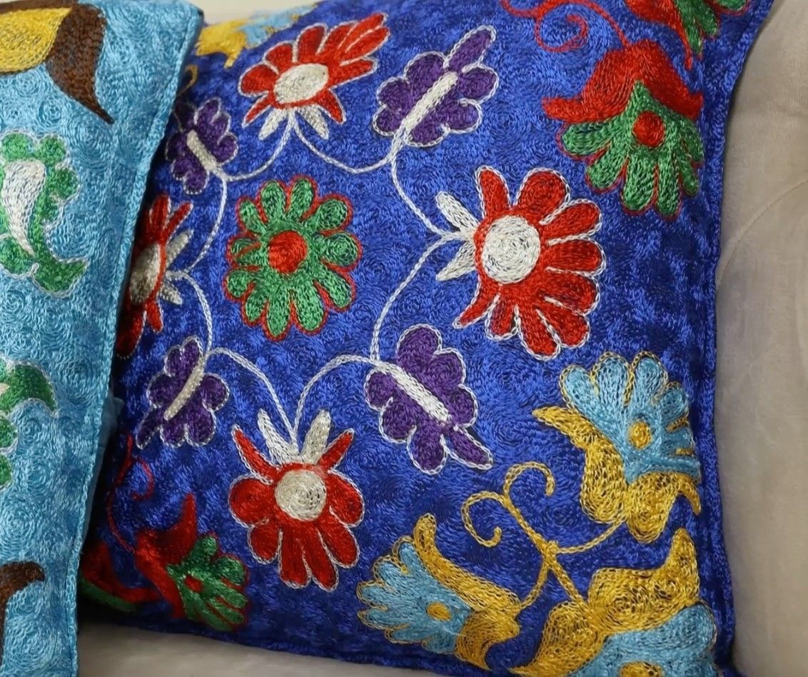 16"X16" Silk Embroidery Cushion Cover. Blue Pillowcase. Needlework Lace Pillow photo Textiles