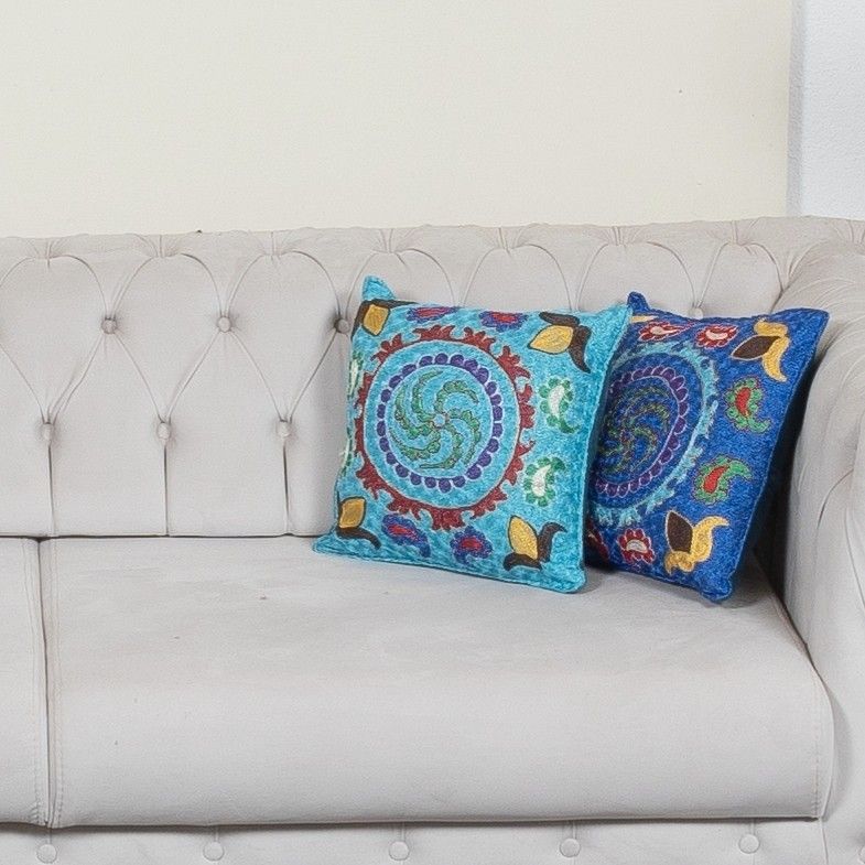 16"X16" Silk Embroidery Cushion Cover. Blue Pillowcase. Modern Throw Pillow photo furniture