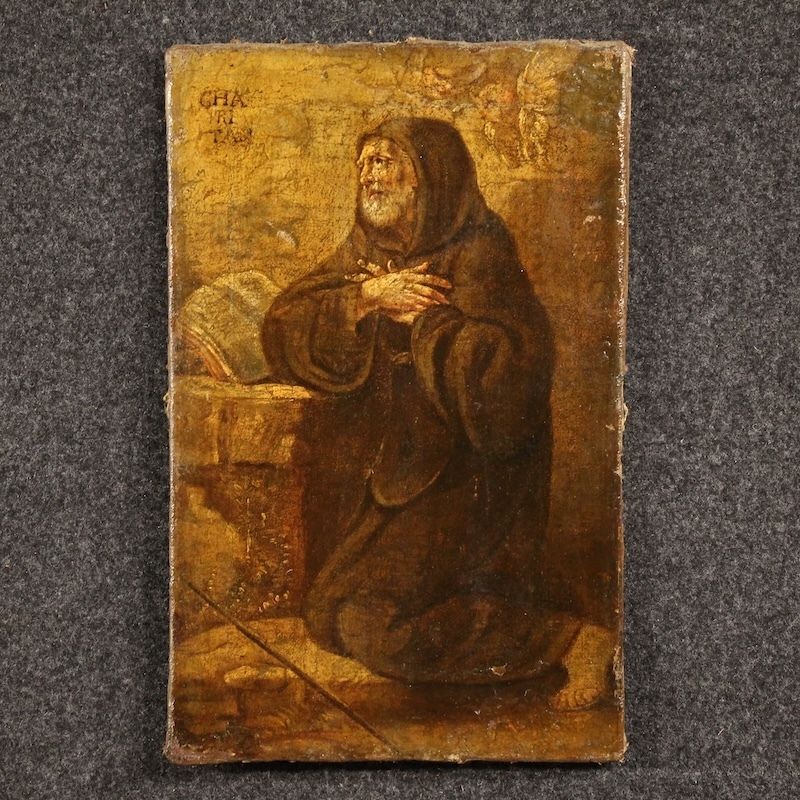 Antique Italian Painting Saint Francis Of Paola From The 17th Century