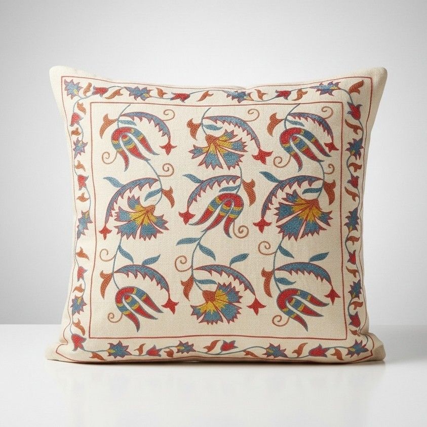 20"X20" Traditional 100% Silk Embroidered Pillow Cover. Handmade Cushion Cover