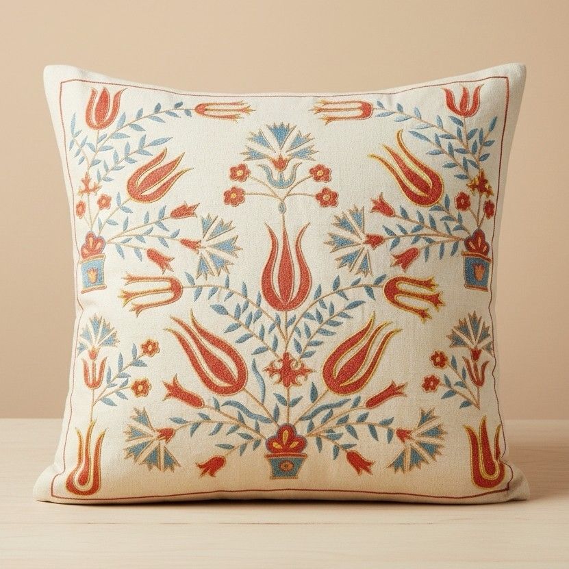 20"X20" Embroidered 100% Silk Cushion. Luxury Pillow Cover. Handmade Toss Pillow