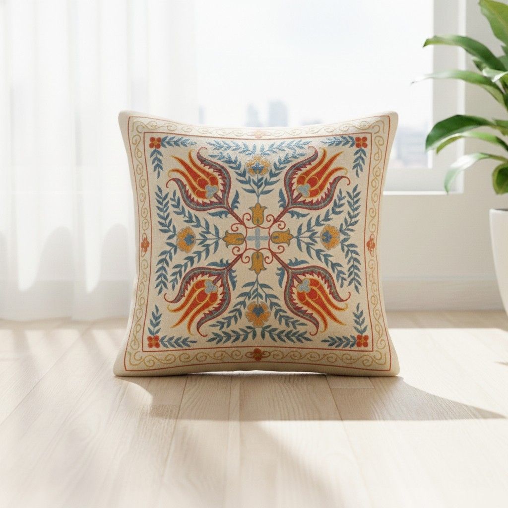 20"X20" All Silk Embroidered Cushion Cover. Handmade Pillowcase. New Toss Pillow