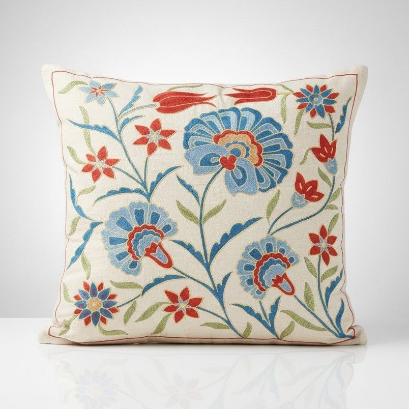 20"X20" All Silk Embroidered Throw Pillow. Modern Handmade Cushion Cover