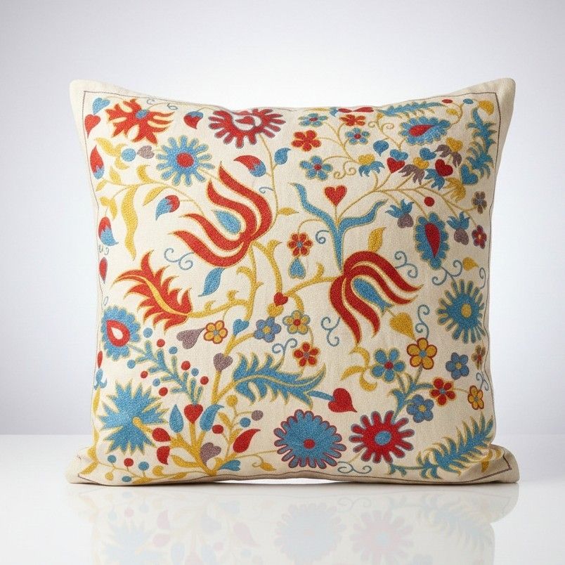 20"X20" All Silk Cushion Cover. Contemporary Lace Pillow. Embroidered Pillowcase