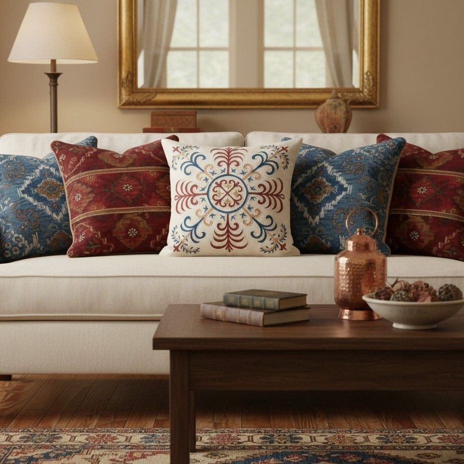 21"X21" 100% Silk Cushion Cover. Embroidered Pillow. Traditional Accent Pillow