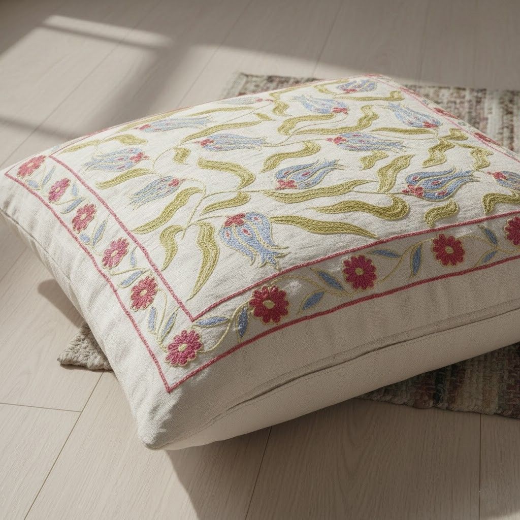 Housse de coussin brodée en soie, 19 x 19 po. Taie d'oreiller faite main. Neuf photo for sale