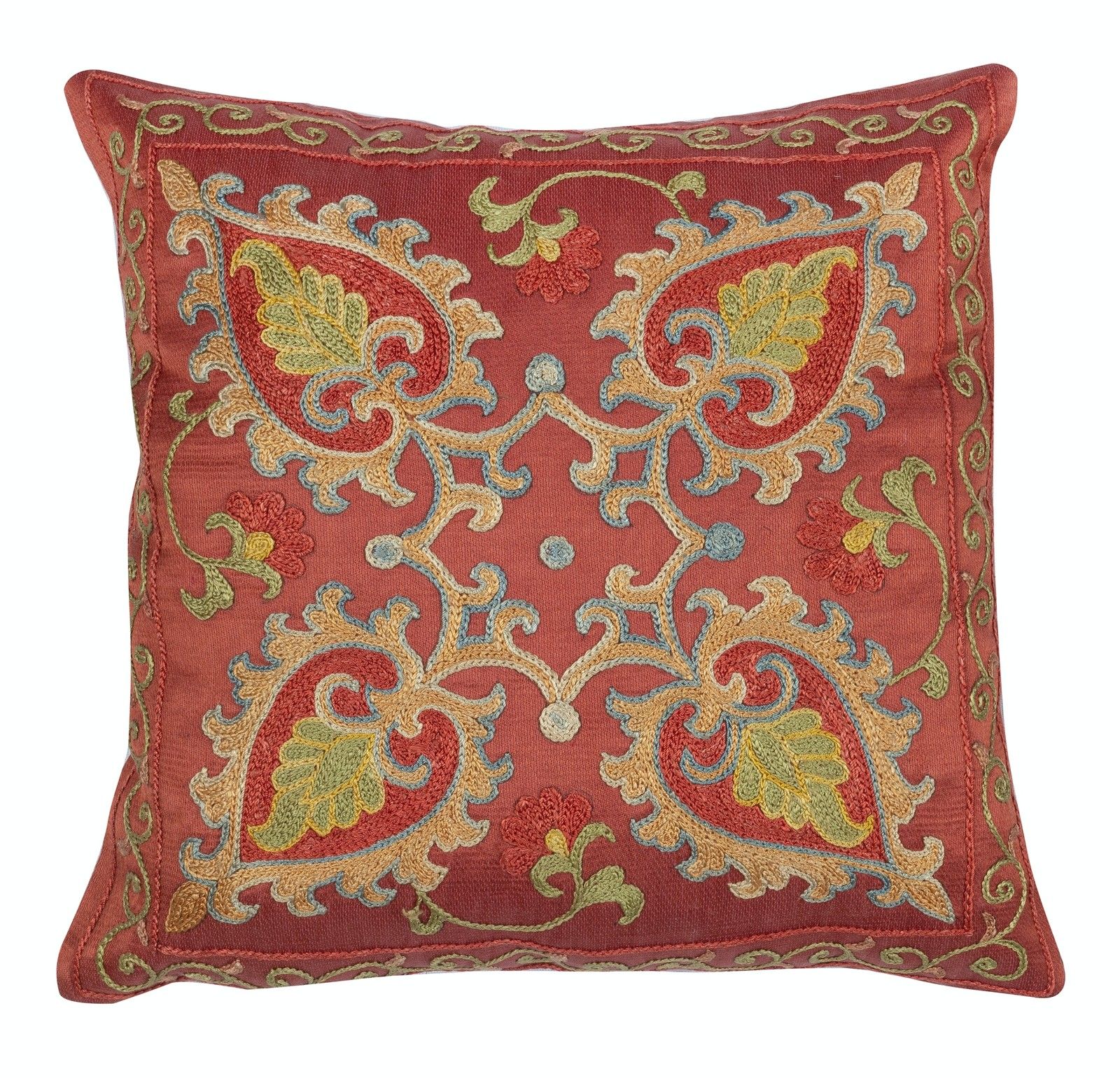 11"X11" All Silk Cushion Cover. Traditional Embroidered Accent Pillow
