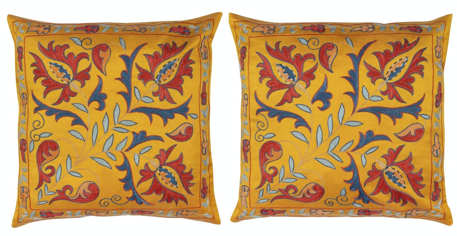 20"X20" Set Of 2 Embroidered 100% Silk Cushion Covers. Handmade Accent Pillows