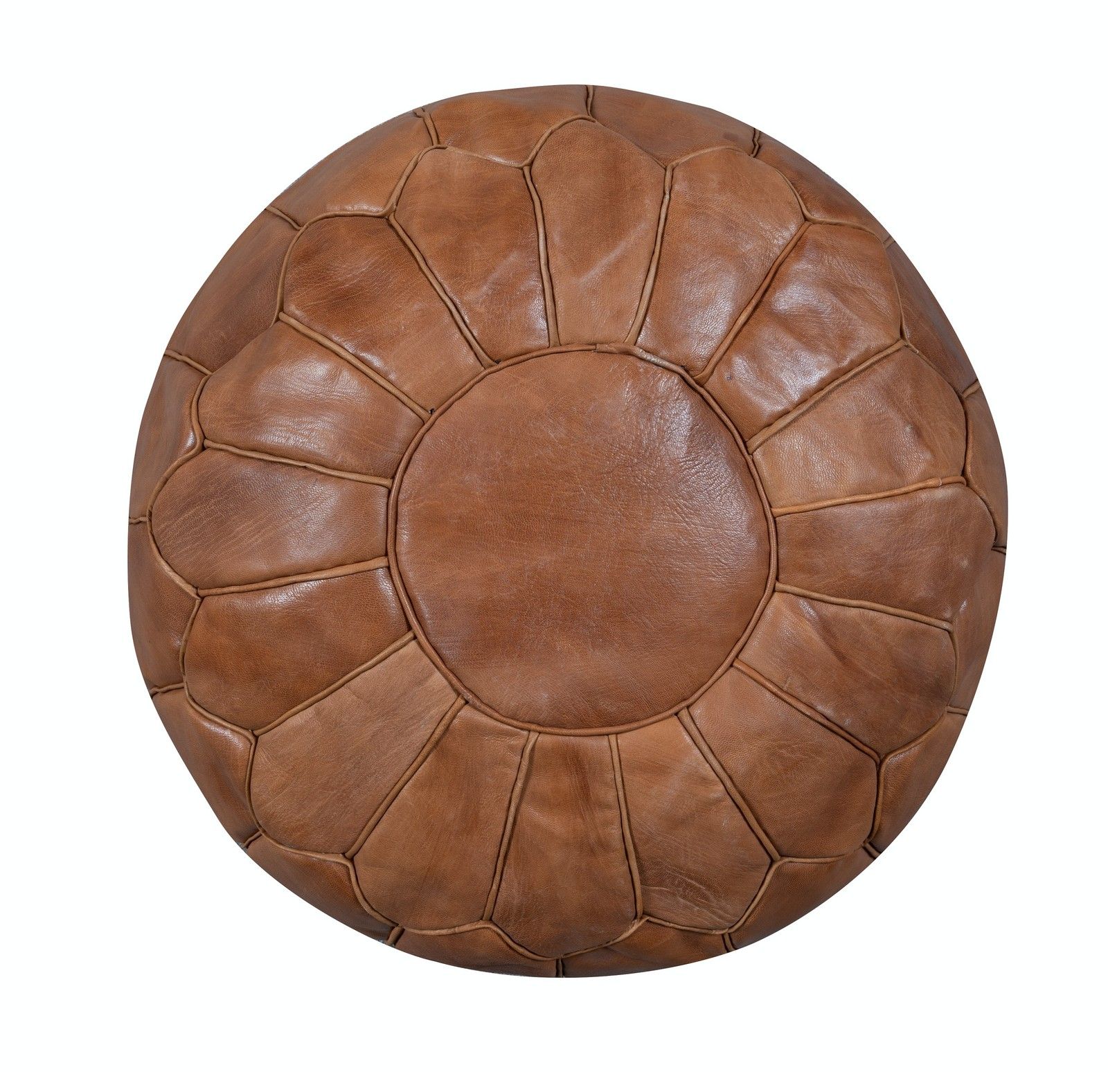 Pouf rond en cuir véritable brun, travail artisanal. Non rembourré. Option personnalisée disponible