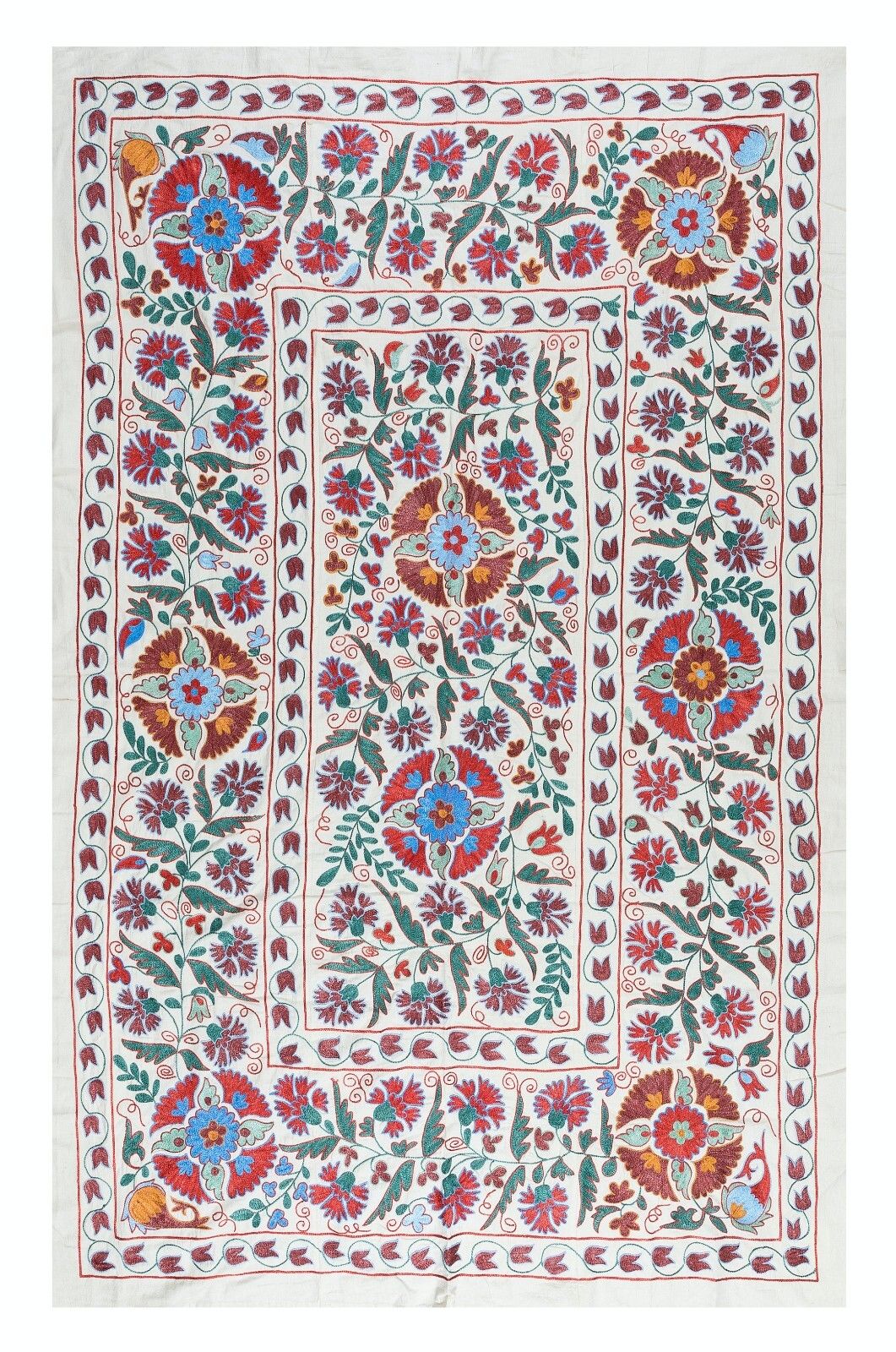 Couvre-lit brodé suzani en soie, 4,8 x 7 ft, tenture murale ouzbèke, tissu décoratif