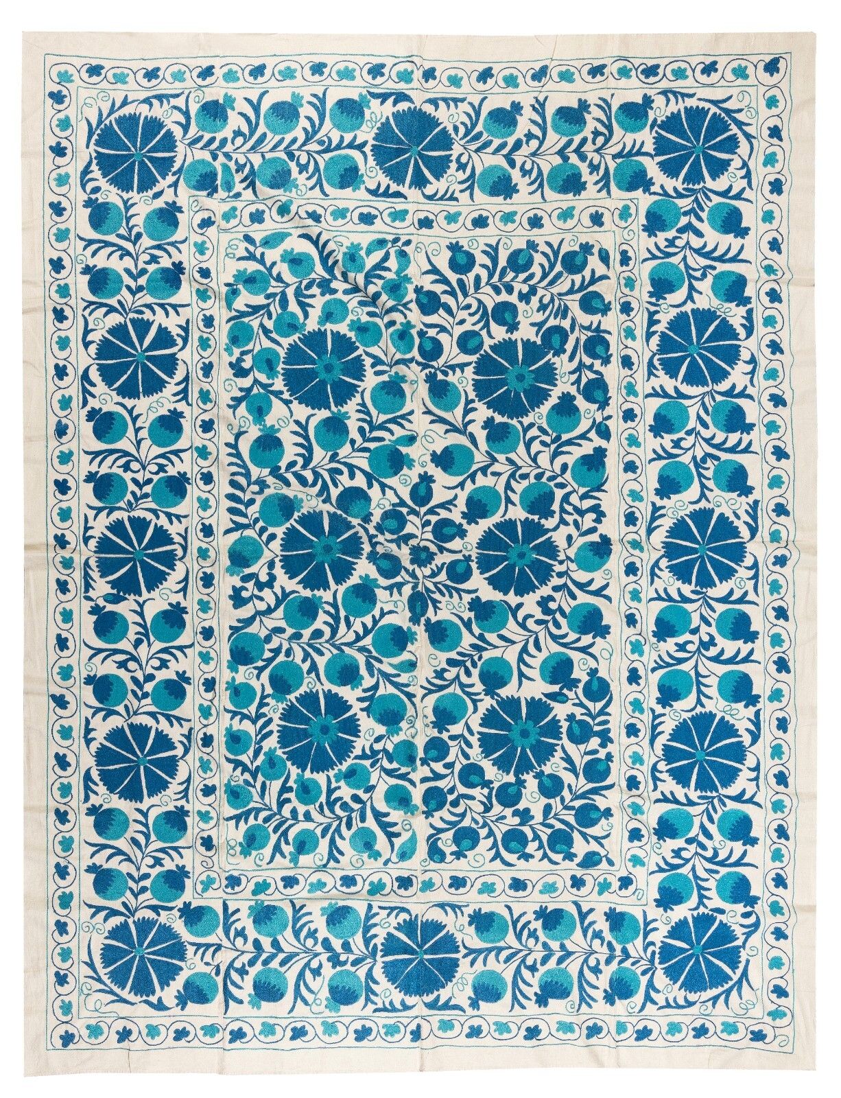6.3x8 Ft Silk Hand Embroidered Suzani Bed Cover, Uzbek Authentic Wall Hanging