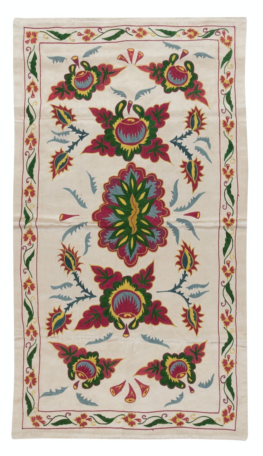 Tenture murale brodée Suzani 100 % soie, motifs fleurs et grenades, 48 x 86 cm - Ouzbékistan