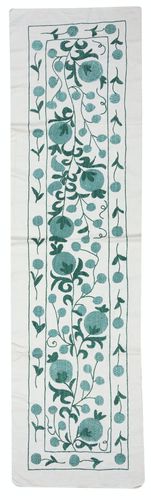 20x73 In Embroidered Cotton Wall Hanging. Green Table Runner. Modern Wall Decor