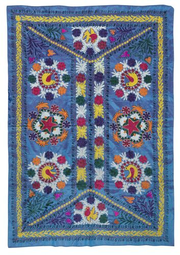 4.2x6 Ft Embroidered Silk & Cotton Wall Hanging. Blue Bed Cover. New Tablecloth