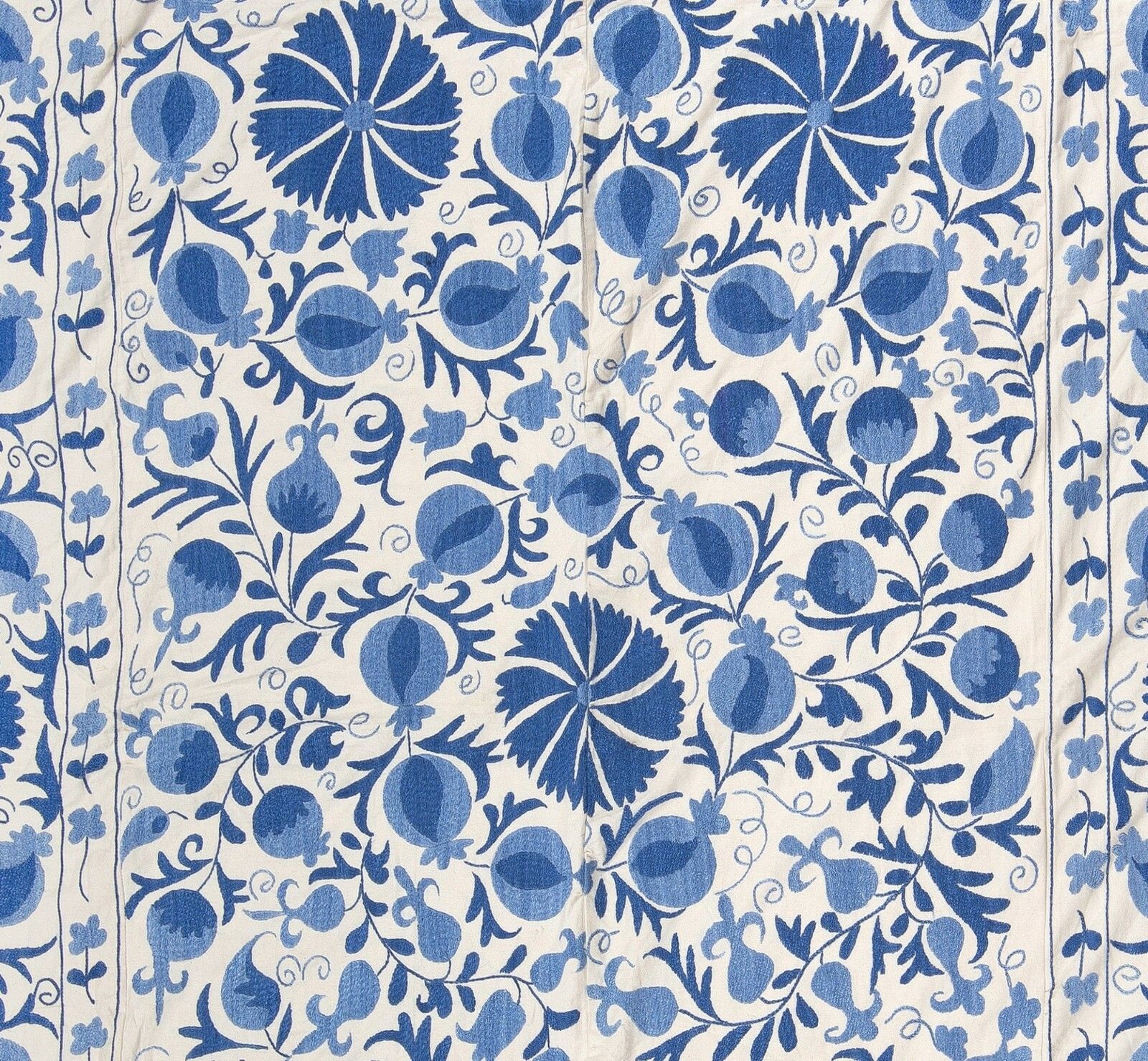 6.3x8.2 Ft Silk Hand Embroidered Uzbek Suzani Wall Hanging In Cream & Light Blue photo Art