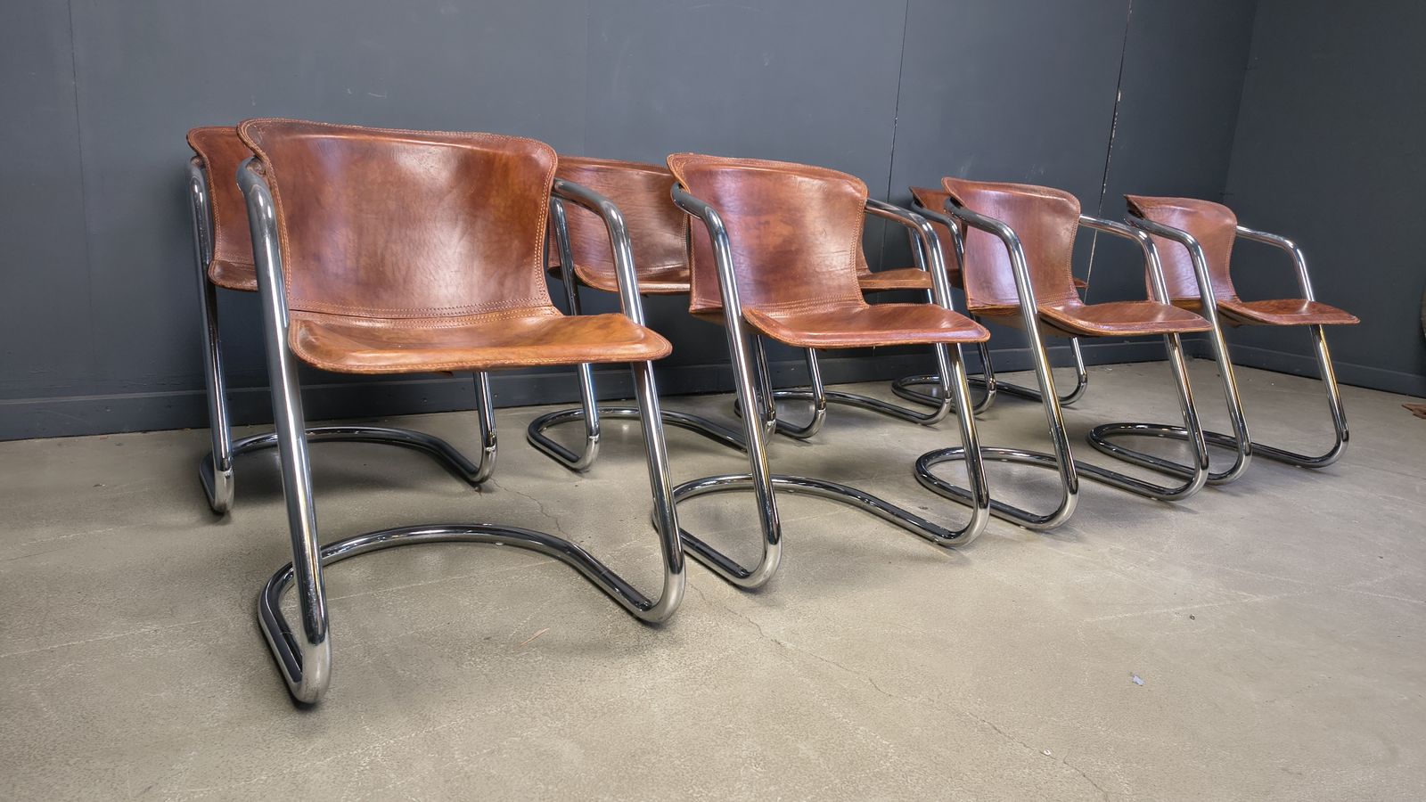 Vintage Leather And Chrome Dining Chairs By Willy Rizzo, 1970s   Set Of 8 photo vintage