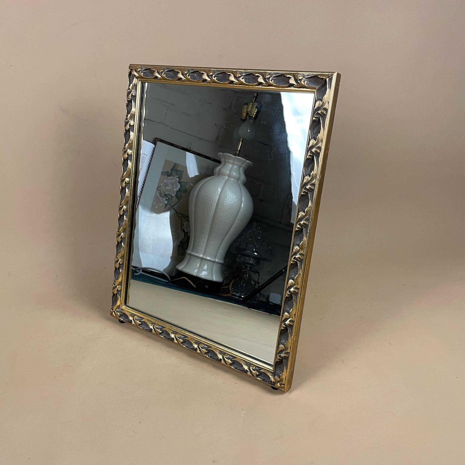 Vintage Freestanding Mirror Gold Gilt Wood Frame Portrait Dressing Room Tabletop Ornate Gilded Bedroom Vanity Decorative Rectangle Wooden photo vinterior