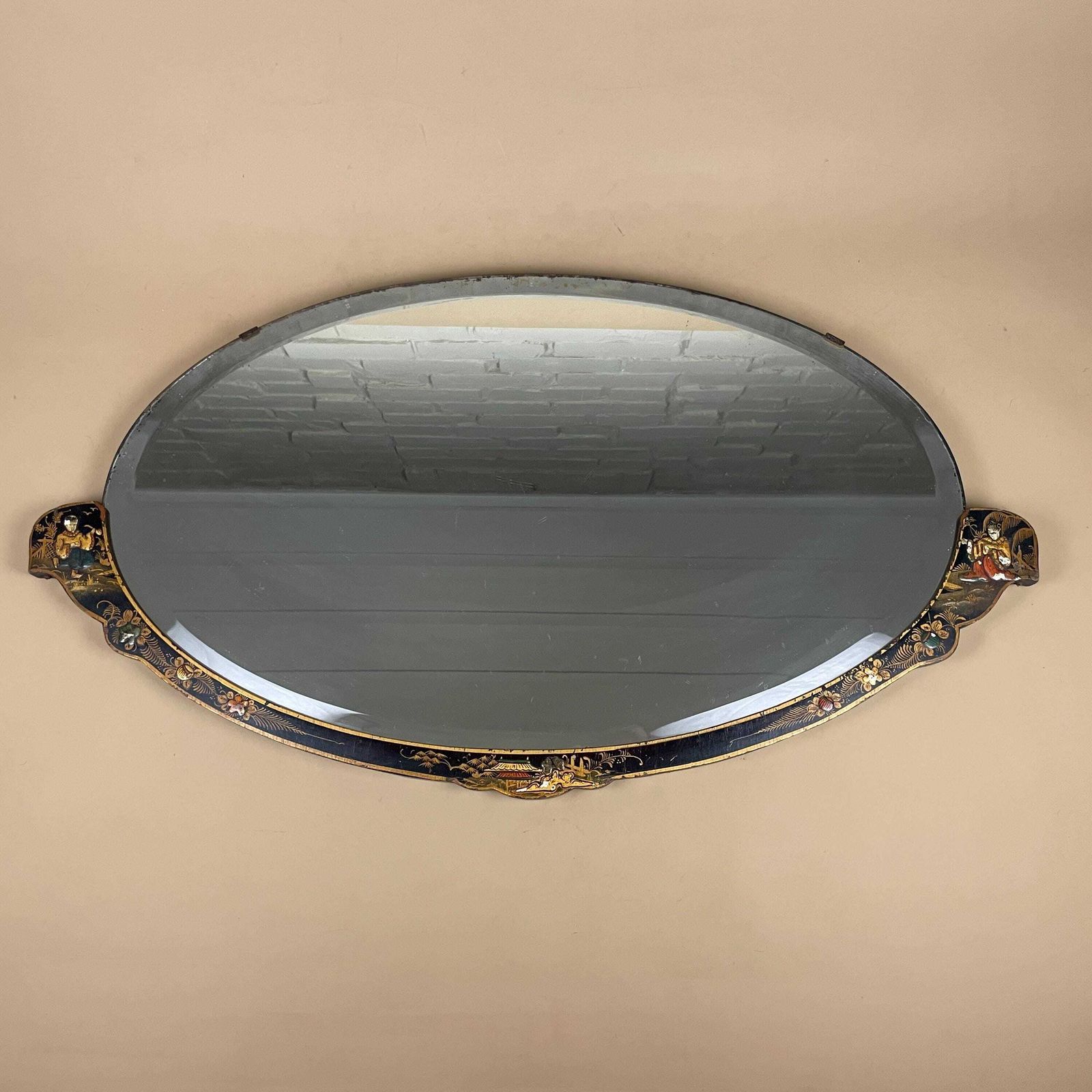 Oriental Oval Wall Mirror Hand Painted Lacquer Wooden Frame Asian Figurative Bevelled Edge Interior Wall Accent Black Gold photo furniture